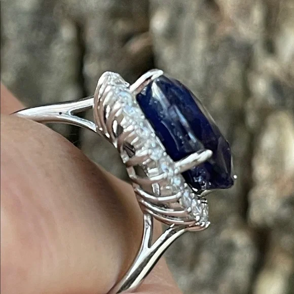 NWT Natural Sapphire 16X13mm CZ accents Statement Ring S10 Unheated/ Untreated - Picture 11 of 14